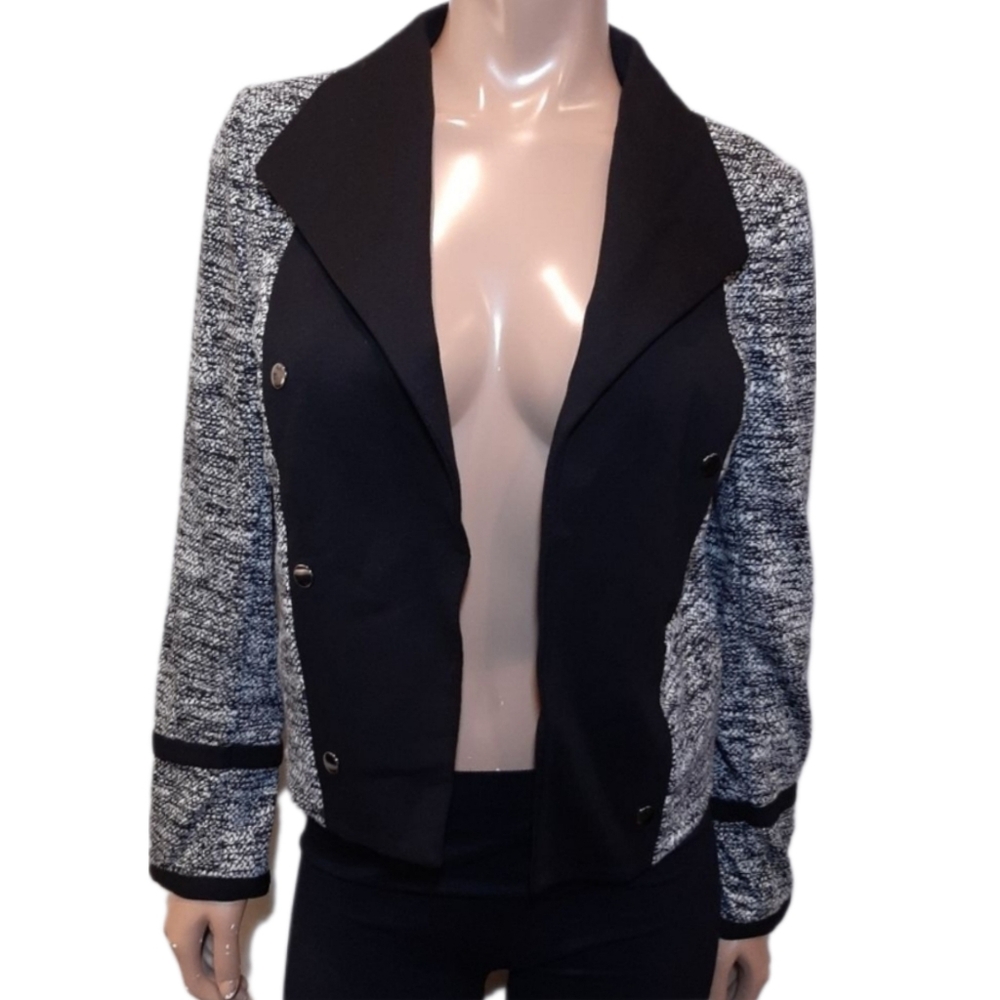💠CALVIN KLEIN Open Front Blazer Jacket Tweed Look Stretchy Button Accent